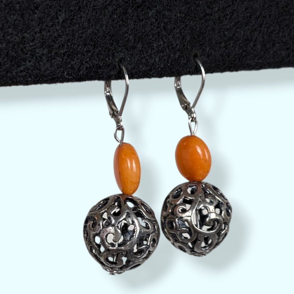 (2/$20) Orange Glass & Filigree-Like Ball Earrings